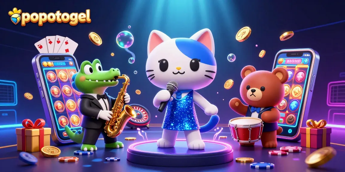 Engage in exciting slots with popotogel, featuring lively 3D characters and vibrant casino elements.