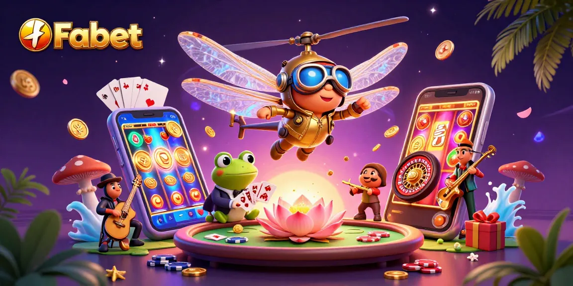 Experience thrilling gaming at Fabet with a dragonfly pilot and frog croupier in an engaging casino scene.
