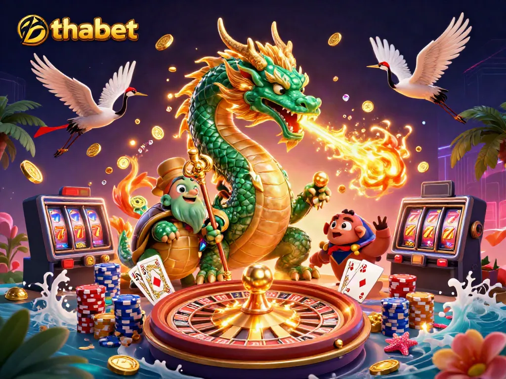 Engaging 3D illustration showcasing thabet with a jade dragon, turtle sage, and lucky cranes amid flying coins.