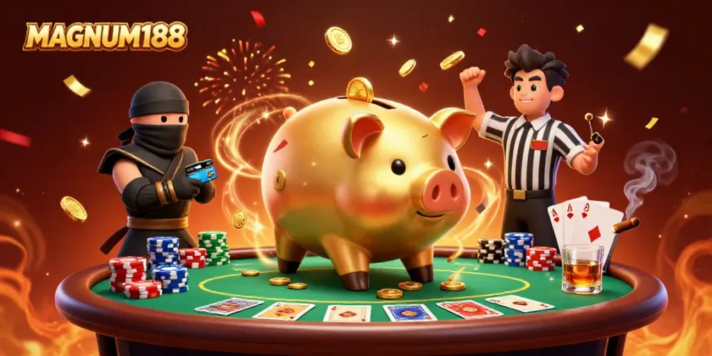 Experience thrilling wins at MAGNUM188 with a dynamic poker battle scene featuring iconic gaming characters.