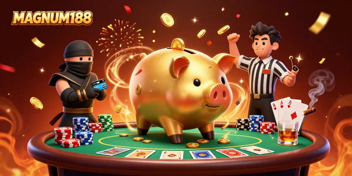 Experience thrilling wins at MAGNUM188 with a dynamic poker battle scene featuring iconic gaming characters.