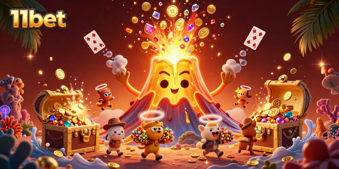 Delve into the world of 11bet with vibrant treasures and a golden volcano, celebrating online gaming.