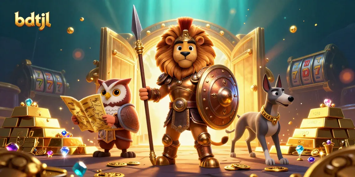 Experience the thrill of bdtjl as the Spartan lion conquers the casino realm, surrounded by riches.
