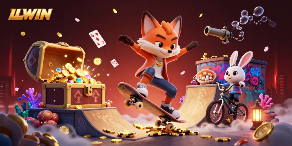 Engagingly visualize LLWIN with a skateboarder fox and BMX rabbit in a vibrant casino-themed 3D scene.
