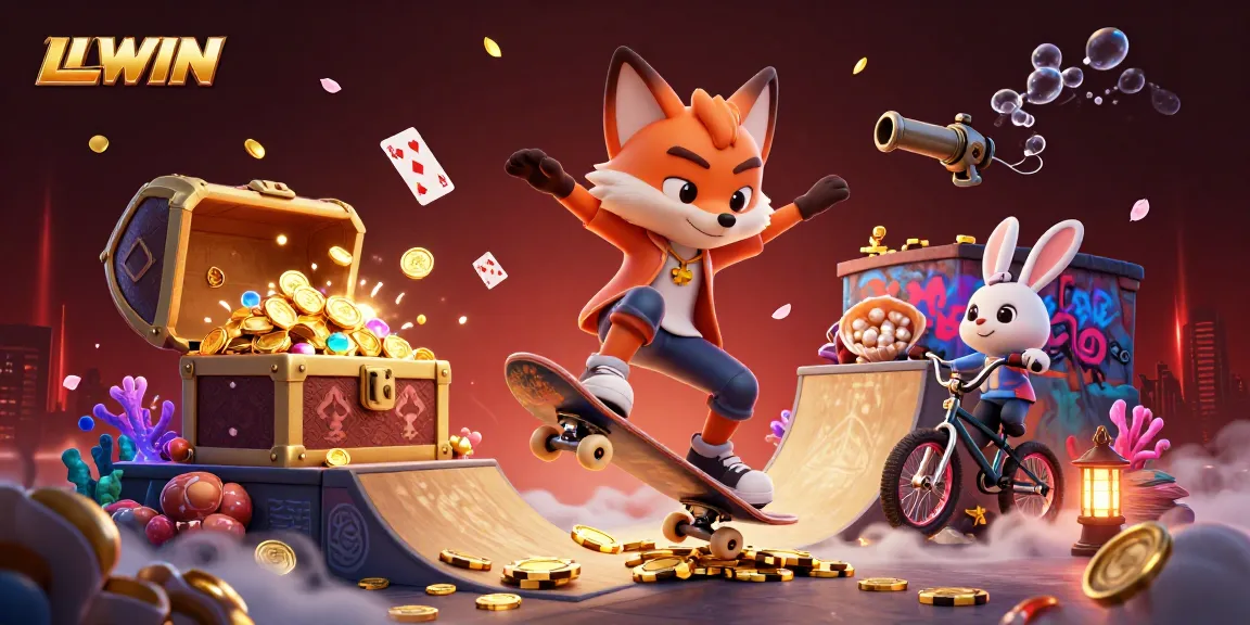 Engagingly visualize LLWIN with a skateboarder fox and BMX rabbit in a vibrant casino-themed 3D scene.