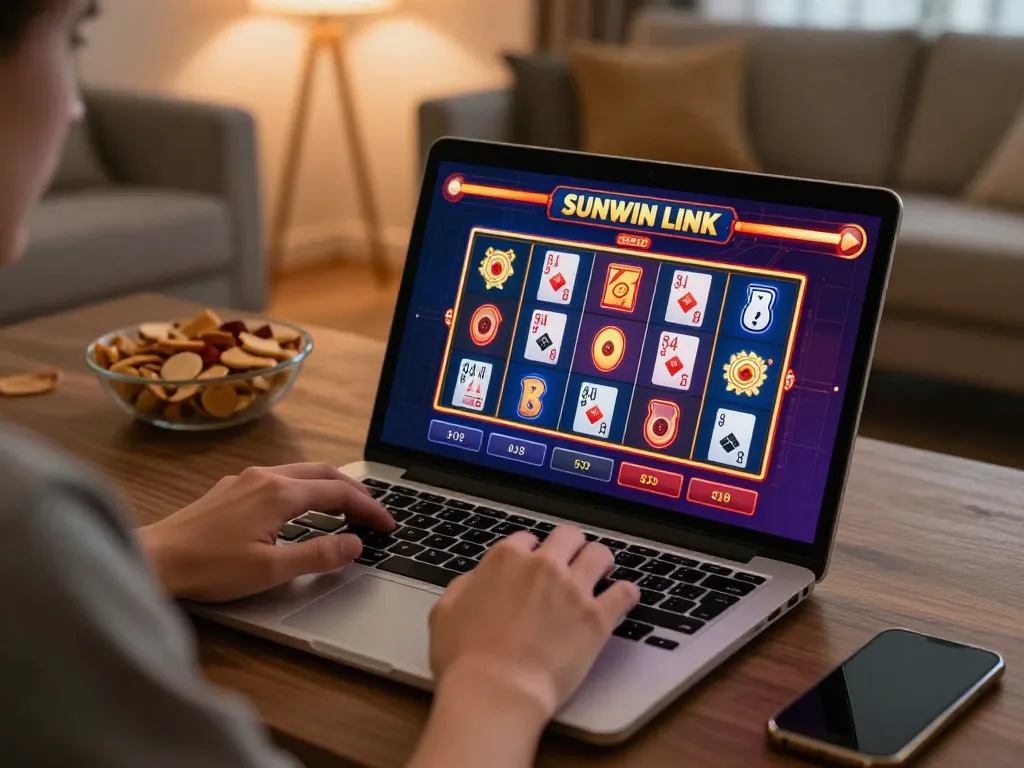 SUNWIN LINK showcased on a laptop screen during an engaging online casino gaming session at home.