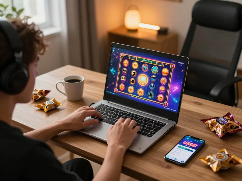 Player using LGOLUX LOGIN on a laptop, excitedly engaging with online casino games in a cozy home environment.