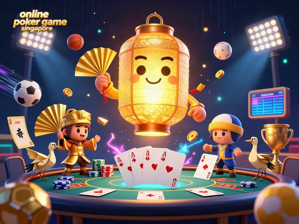 Engage in the online poker game Singapore featuring a vibrant 3D scene illustrating a golden lantern spirit, poker elements, and sports action.
