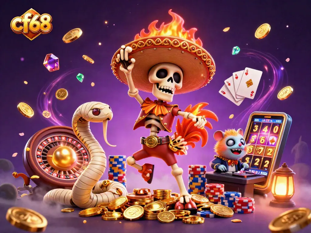 Experience the thrill at cf68 with a lively casino scene featuring a dancing mariachi rooster and golden coins.