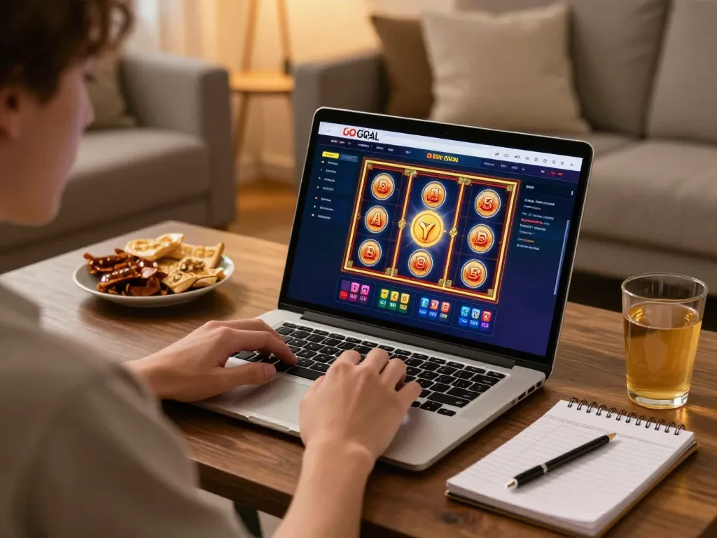 LGO GOAL online user enjoying slot games on a laptop in a cozy home setting.