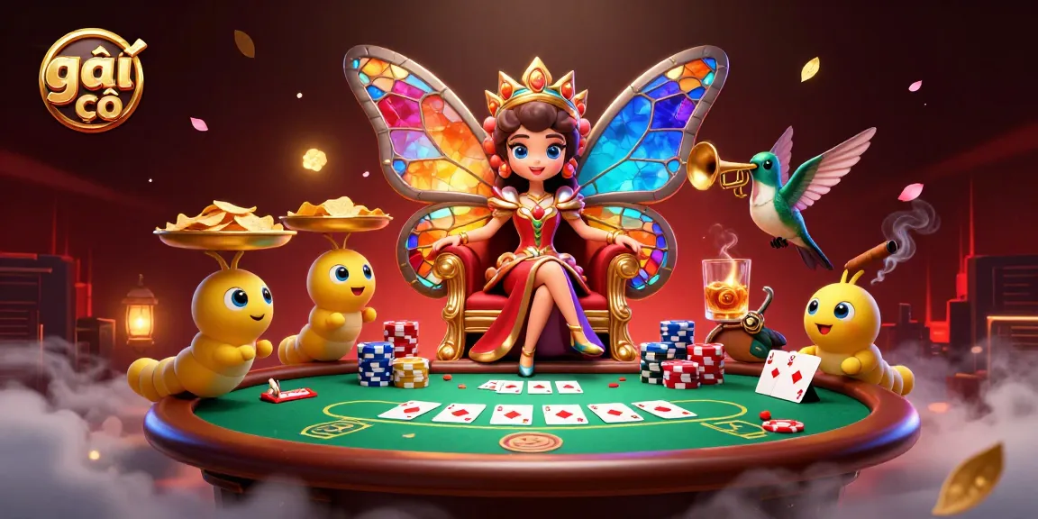 Engaging scene with gái gọi depicting a butterfly queen and poker activities amidst rich casino elements.
