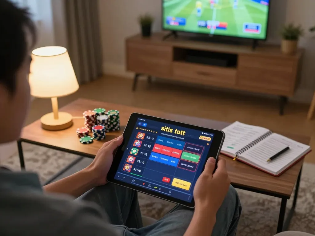 Engaging in situs toto gaming on a tablet in a cozy living room, showcasing user-friendly interface and strategic planning.