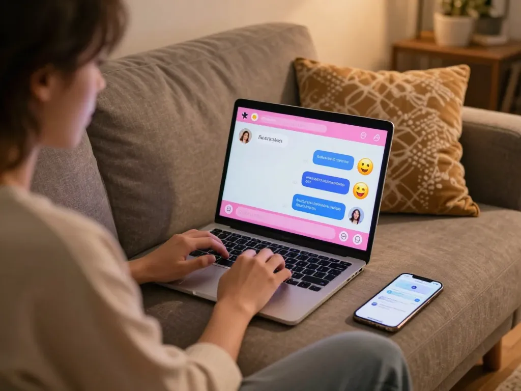 Engaging in AI porn chat on a laptop, cozy home environment.