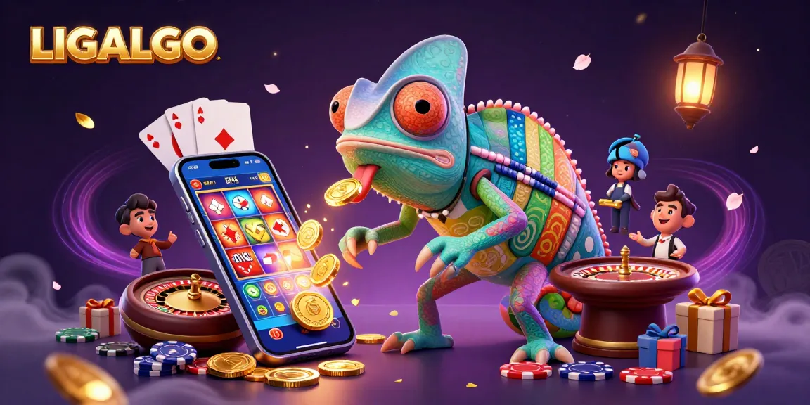 LIGALGO casino owner chameleon snaps golden coins at a vibrant slot game scene.