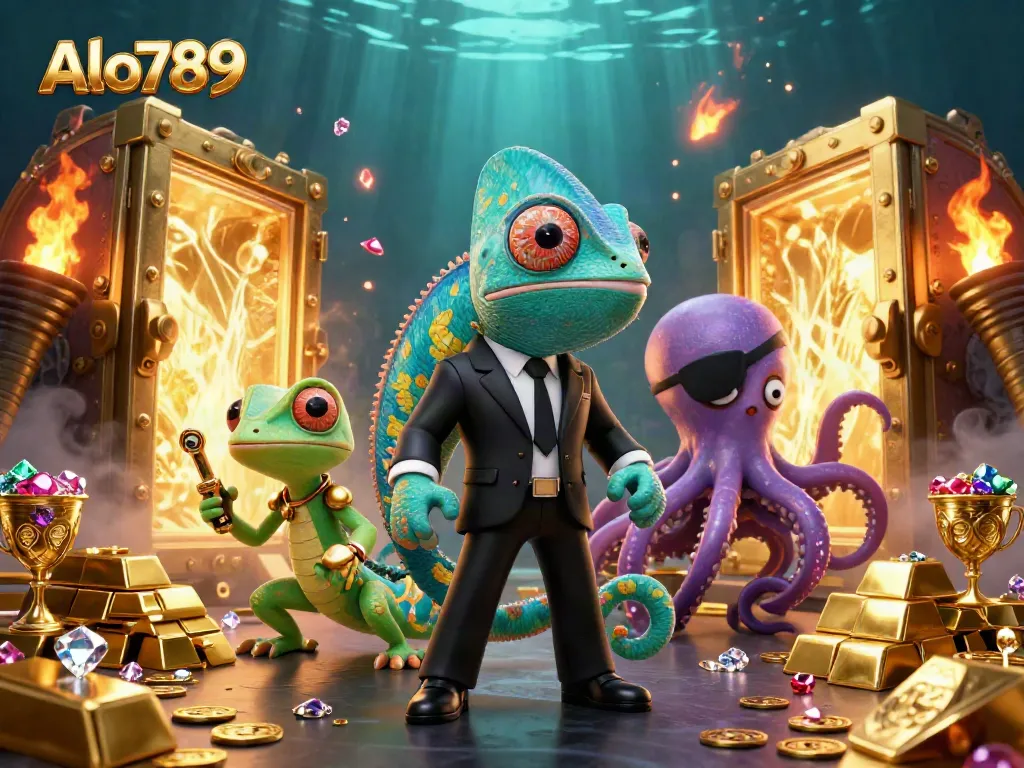 Alo789 showcases a dramatic scene with a chameleon agent, gecko, and pirate octopus amidst treasure, demonstrating online gambling excitement.