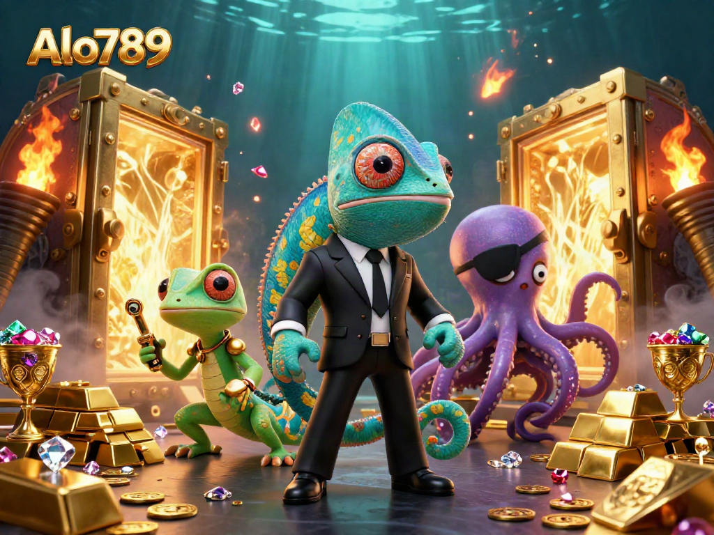 Alo789 showcases a dramatic scene with a chameleon agent, gecko, and pirate octopus amidst treasure, demonstrating online gambling excitement.