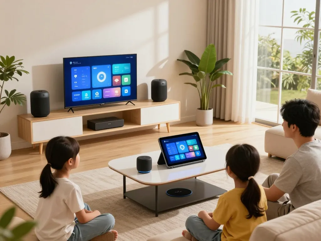Discover tech gadgets for home in a modern living room with smart devices and family interaction.
