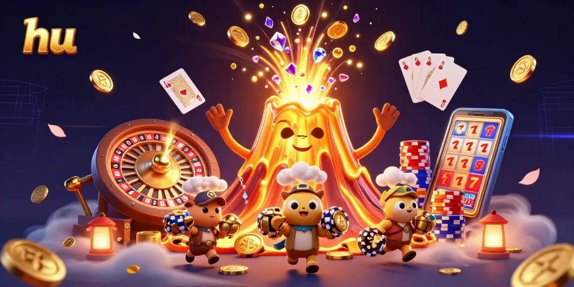 Bet big at hu with a triumphant volcano erupting treasure in this casino scene.