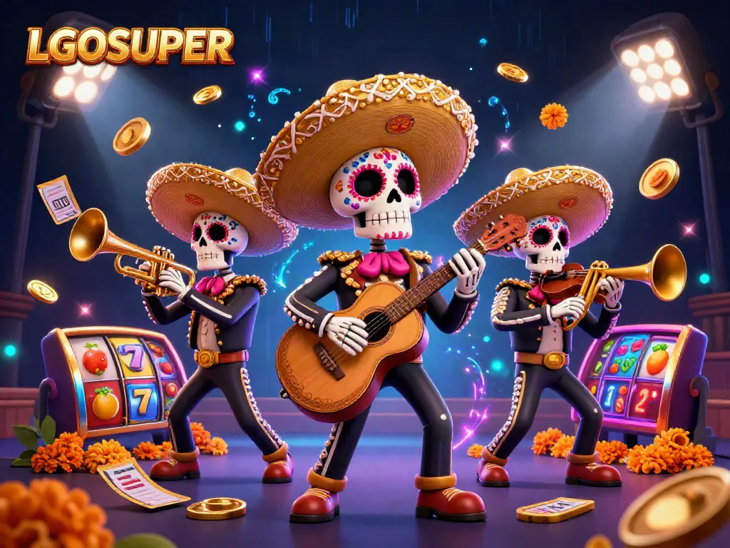 Engage in exciting gaming with LGOSUPER as vibrant mariachi characters fill the scene.