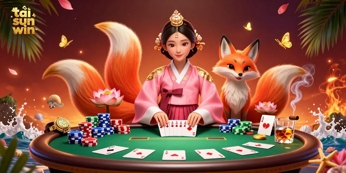 Play and win at tải sun win with this vibrant 3D cartoon illustration showcasing poker elements, a graceful Asian woman, and a lucky fox.