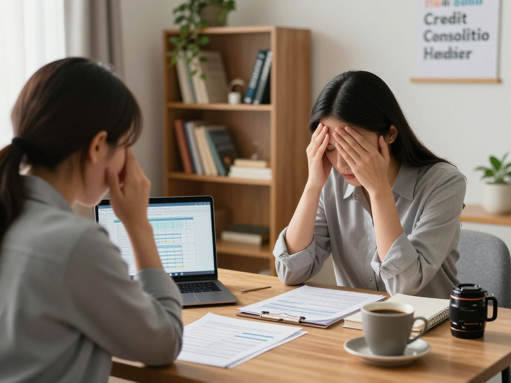 Client receiving compassionate guidance on credit-consolidation.ca/ amidst financial documents in a warm counseling office.