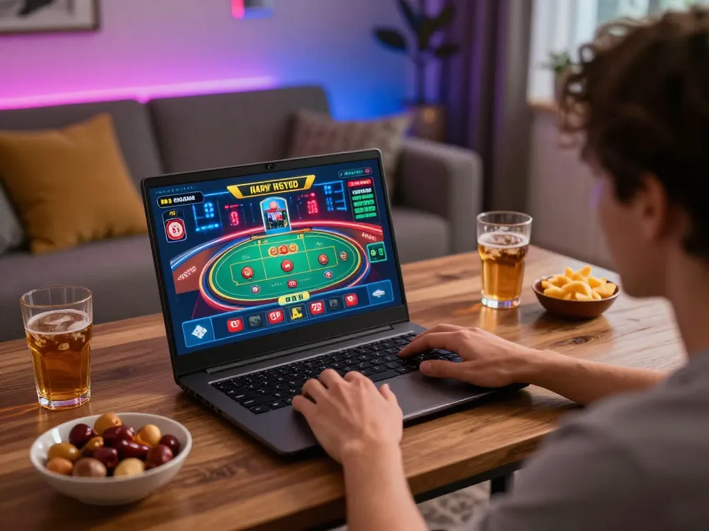 Engaging in sun win online gaming with live dealer experience at home, showcasing cozy setup