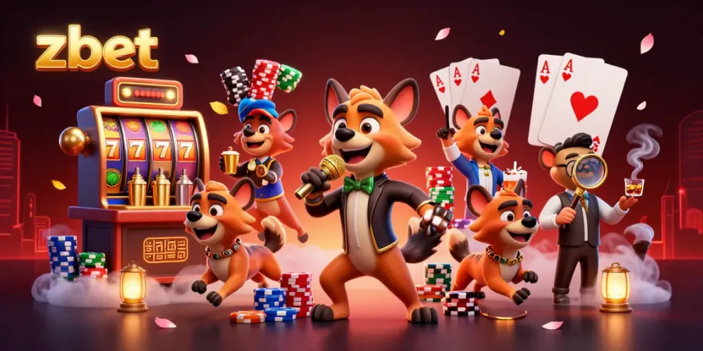 Experience the vibrant atmosphere of zbet with hyena characters in a lively casino scene, showcasing slots and rich decorations.