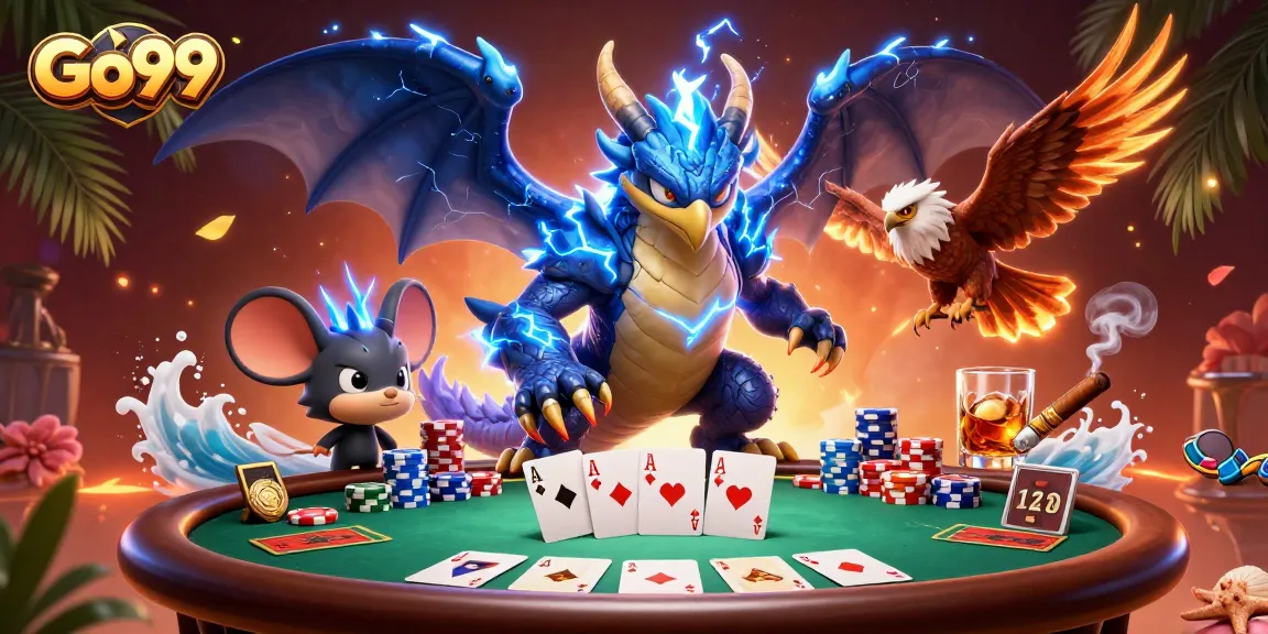 Experience excitement at Go99 with a vibrant 3D scene featuring poker and casino elements.