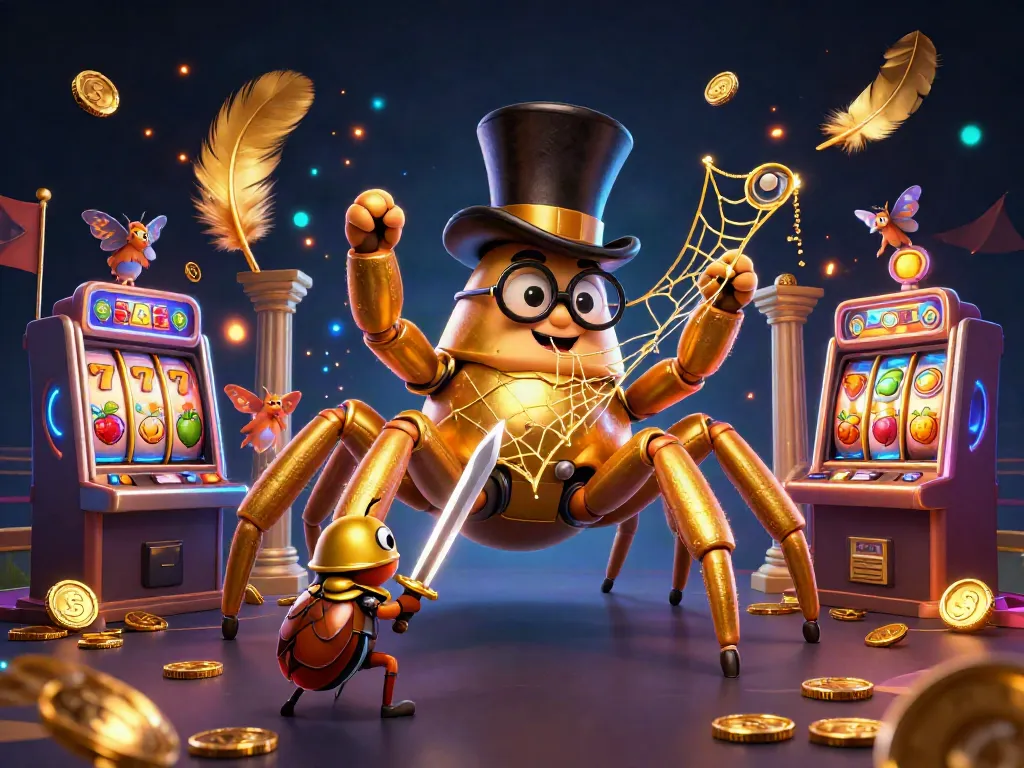 Experience the thrill of slot gacor with a golden tarantula and beetle knight amidst vibrant casino excitement.