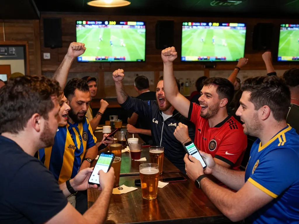 Fans engaging in live sports betting with SBOBET88 app at a vibrant sports bar during a major match