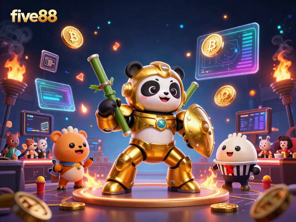 Engage in thrilling action at five88 with a golden panda in mech-suit and vibrant casino elements.