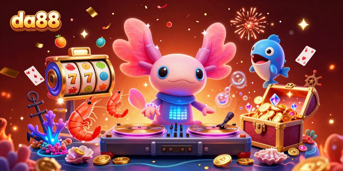 Join the fun at da88 with a lively casino scene showcasing neon axolotl DJ spinning at a vibrant underwater party.