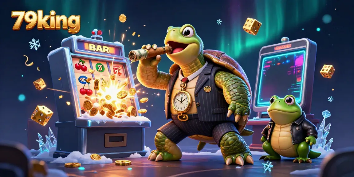 Experience the excitement at 79king casino with a vibrant illustration featuring a snapping turtle mobster, themed game elements, and jackpot excitement.