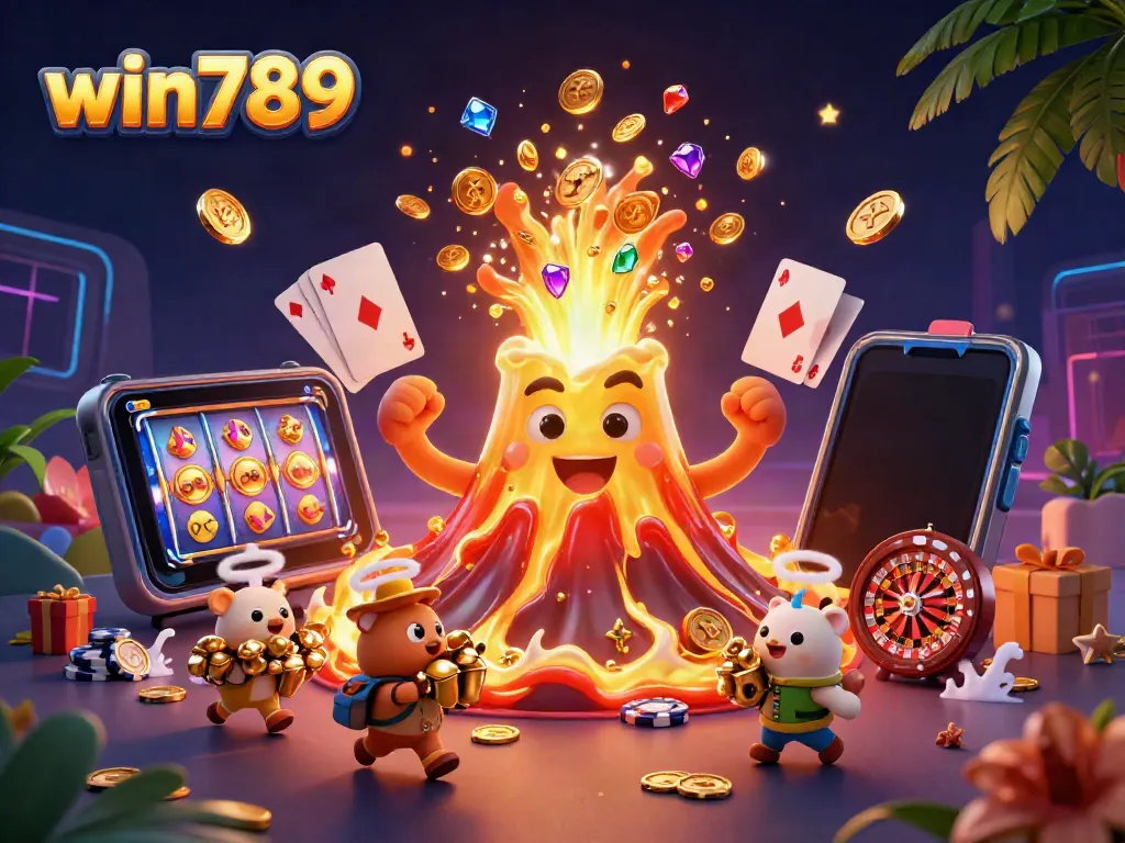 Win789 showcases thrilling slot games with treasures erupting from a golden volcano.