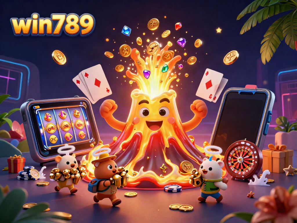 Win789 showcases thrilling slot games with treasures erupting from a golden volcano.