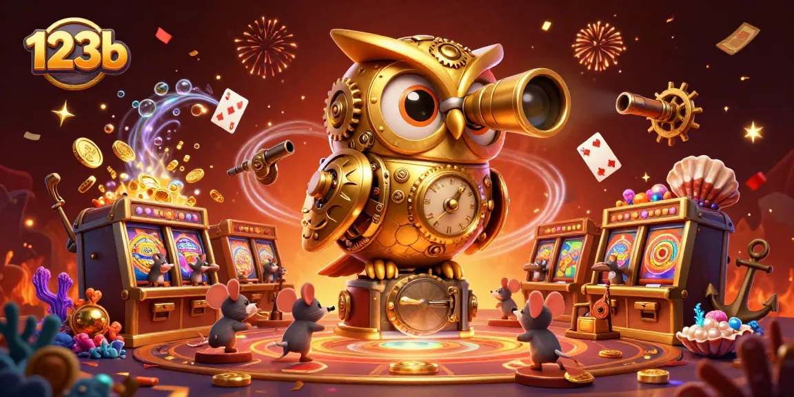 Experience immersive gambling fun with 123b's vibrant casino scene featuring a golden owl and charming mice.