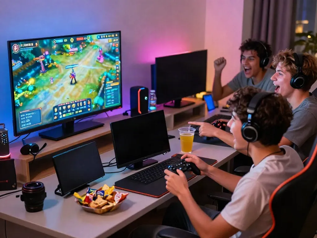 Exciting online gaming session at FIVE88 with friends enjoying games and snacks.