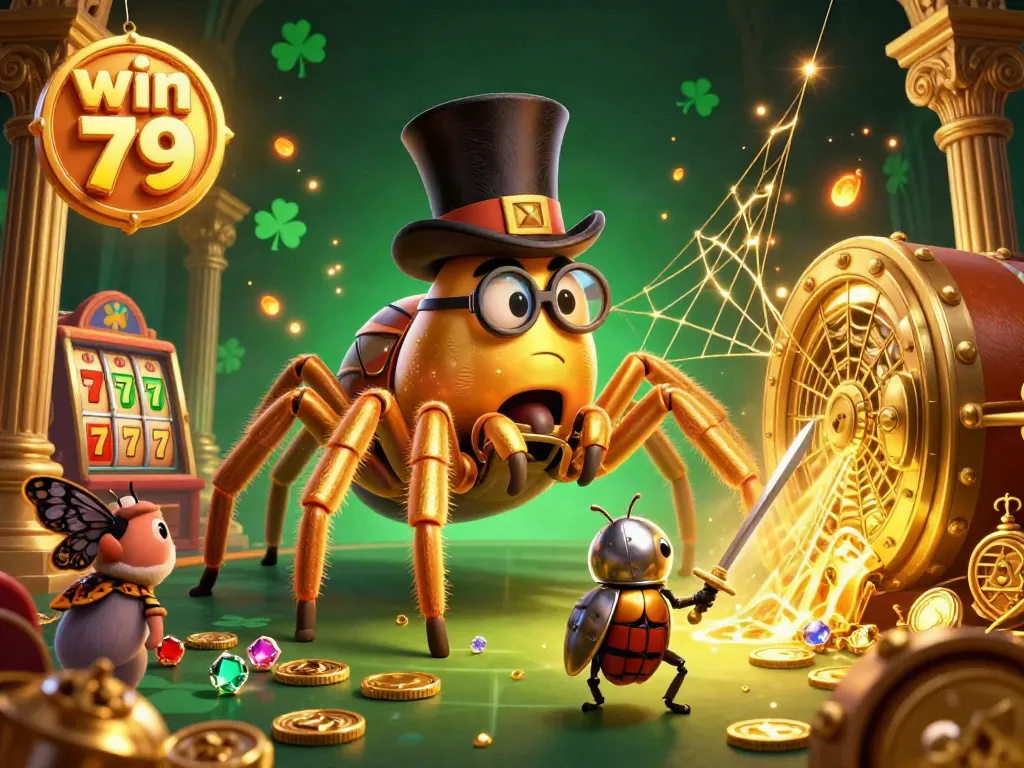 Engage with the colorful casino world of win 79 as a giant golden tarantula spins a web amidst sparkling treasure.