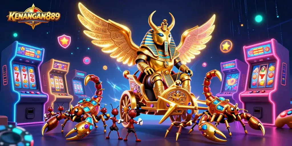 Experience thrilling casino action with KENANGAN889's vibrant gaming elements in a dynamic 3D illustration.