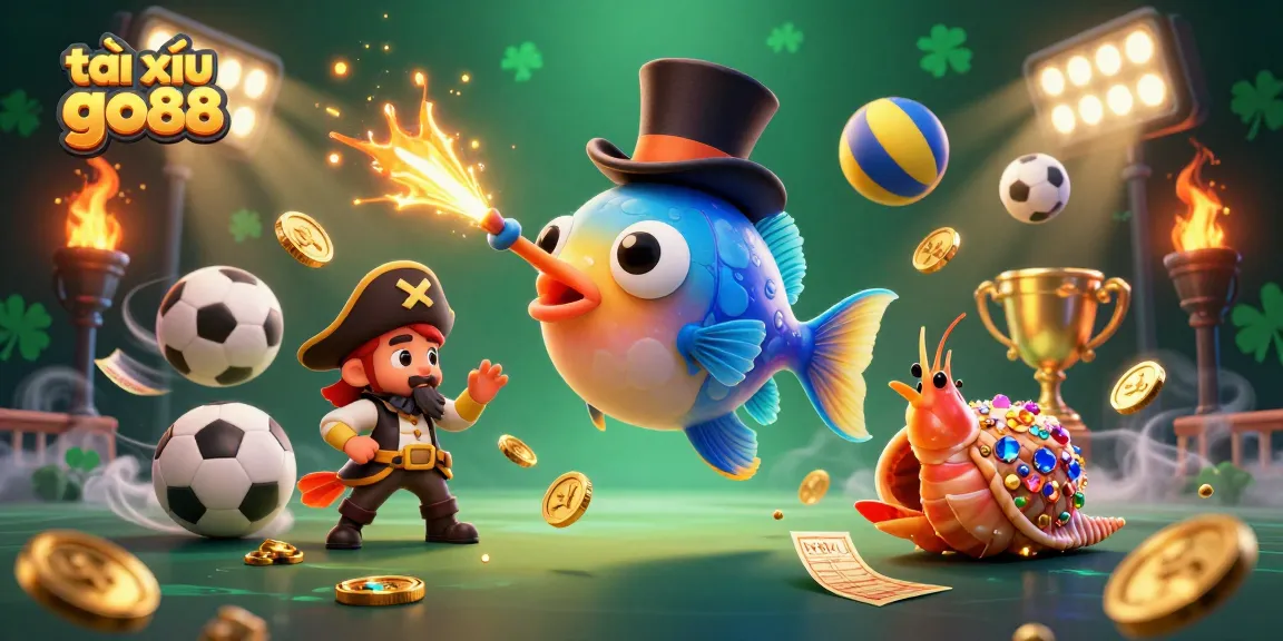 Engage with tài xỉu go88 as an anglerfish catches golden coins amid vibrant sports elements.
