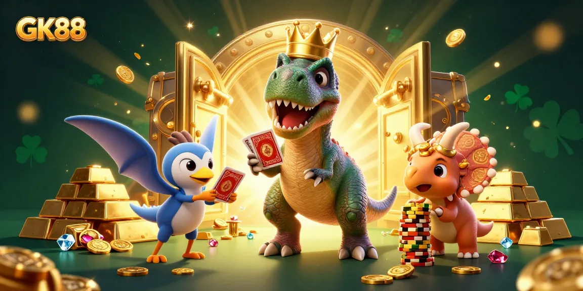 GK88 casino themed illustration featuring a friendly T-Rex, pterodactyl, and golden chips.