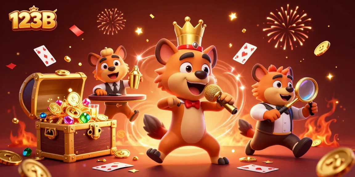 Experience laughter and excitement with the hyenas at 123B's comedy casino, surrounded by slot reels and festive elements.