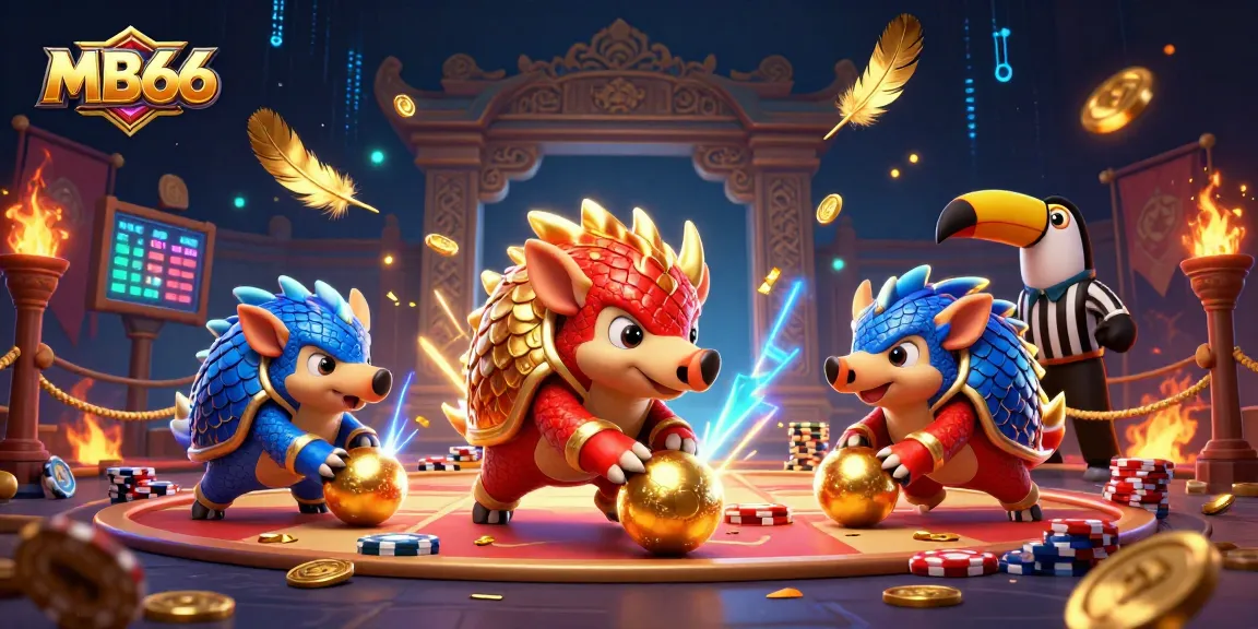 Experience the thrill of MB66 as the pangolins roll through golden balls and poker chips in this vibrant casino scene.