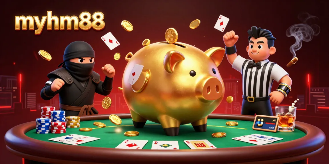 Experience the excitement of myhm88 with vibrant 3D casino characters at a lively poker table.