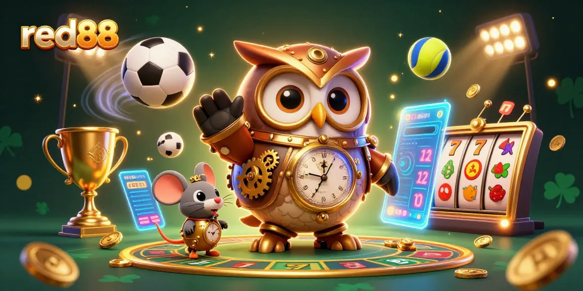 Experience thrilling red88 gameplay with a time-traveling owl amidst vibrant casino elements.