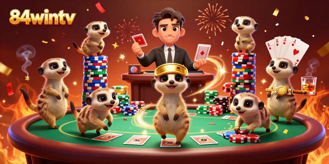 Experience the excitement of 84wintv with meerkats running a lively casino scene, showcasing high-stakes poker action.