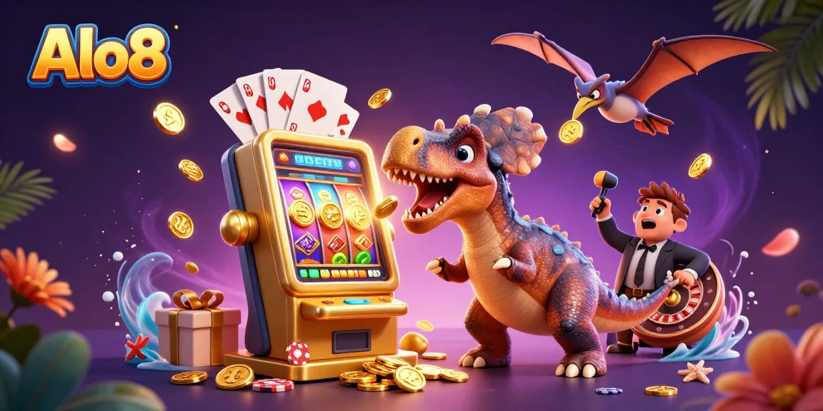 Experience Alo8's thrilling jackpot action with a pachycephalosaurus at the slot machine.