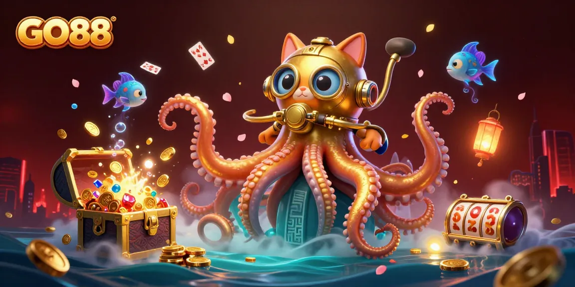 GO88 features an engaging casino scene with a kraken, diving cat, and dazzling slot games.