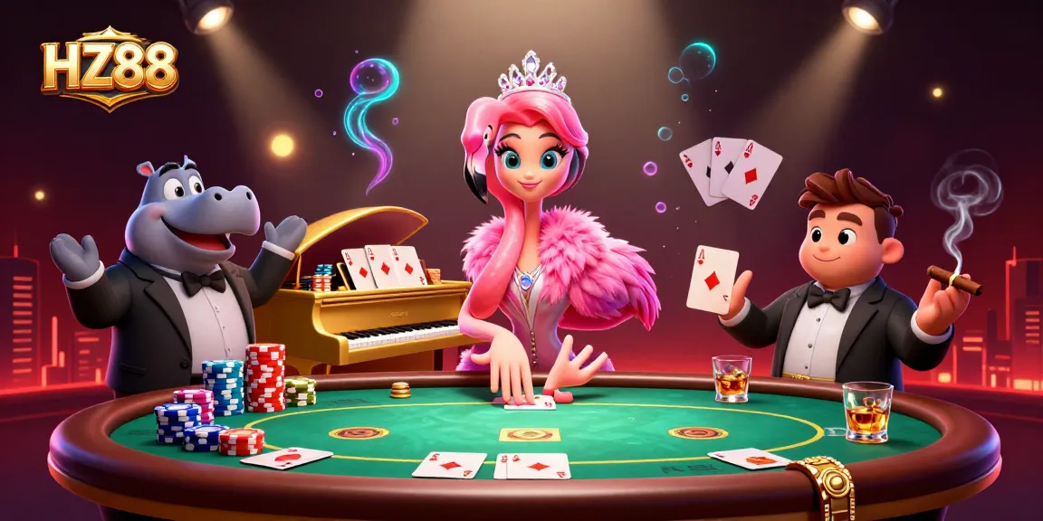 Experience vibrant action at HZ88 with a flamingo singer and hippo bassist in this dazzling casino scene.