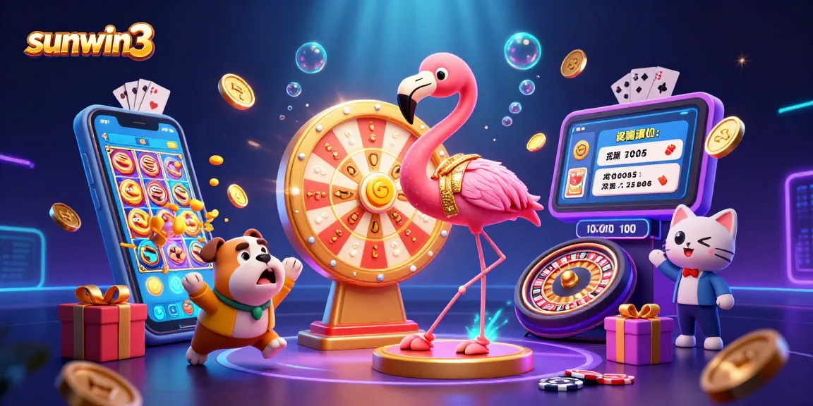 Experience the excitement of sunwin3 with a vibrant casino scene featuring a flamingo host and playful characters.